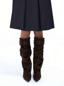 New Ruched Tall Stacked Boots Pointed Toe Over-The-Knee High Boots Vintage Wide Shaft Riding Boots - Coffee Brown - View 4