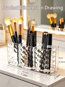 Transparent Diamond Pattern Makeup Brush Storage Box, 3-Compartment Desktop Makeup Tool Organizer, Lipstick Eyebrow Pencil Eyeliner Brush Holder, Vanity Bathroom Desktop Dust-Proof Easy-Access Cosmetic Storage Organizer - Clear - View 3