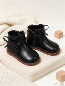 1 Pair 1-3 Years Old Toddler Girls Bow Side Zipper Ankle Boots, Classic Fashion Non-Slip Flat Walking Shoes, Children's Short Boots Suitable For Spring, Autumn, Winter - Black - View 3