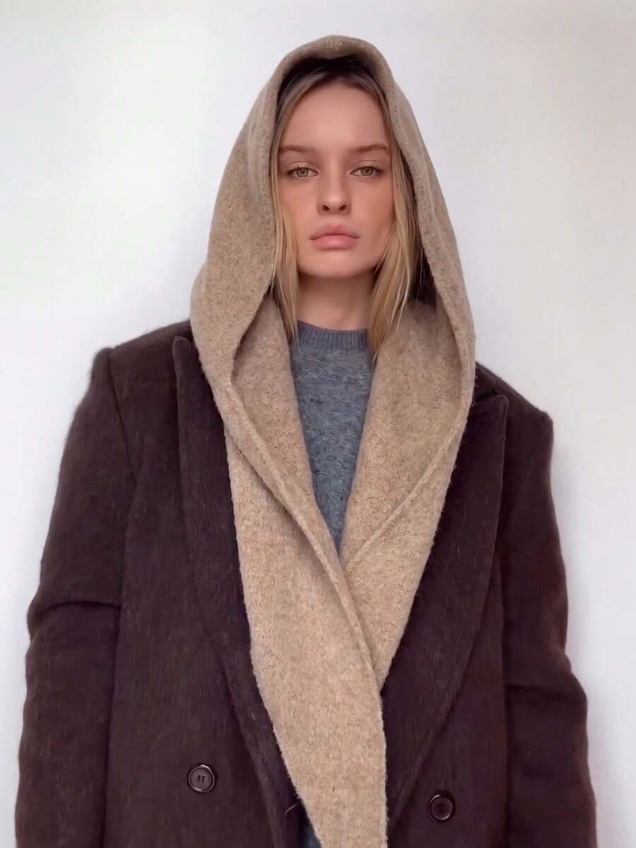 1PC Women's Solid Color Knitted Hooded Triangle Scarf, Soft One-Piece Hooded Shawl For Autumn/Winter, Fashionable Accessory To Pair With Coats And Sweaters - Light Khaki - View 1