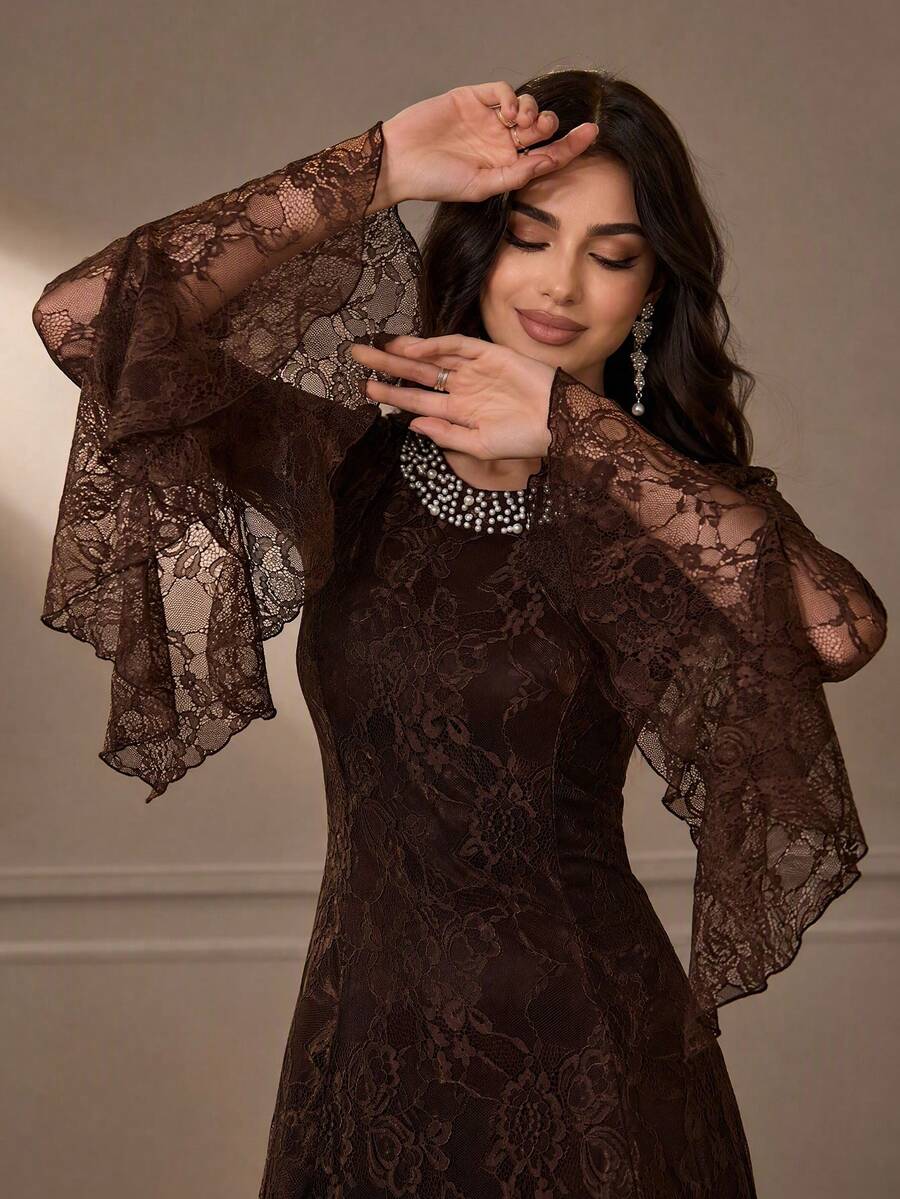 Elegant Women's Brown Lace Long Sleeve Formal Dress, Featuring Beaded Round Neck And Flared Hem, Suitable For Evening Occasions, Soft Back Tie Detail, Suitable For Parties, Galas - Coffee Brown - View 1