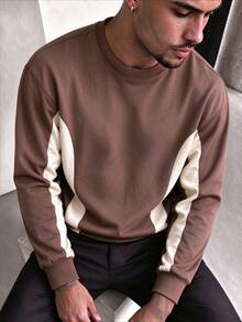 ZYNTH BALENO Men's Fashion Patchwork Loose Drop Shoulder Crew Neck Long Sleeve T-Shirt, Suitable For Gym, Sports, Running, Hiking - Brown - View 2