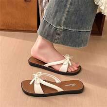 French Fairy Style Bow Slip-On Slippers For Women, 2026 New Spring/Summer Casual Vacation Flat Beach Sandals - Off White - View 7