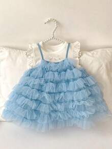 Summer Baby Girl Dress, New Sweet Mesh Spaghetti Strap Dress, Super Cute Cake Skirt - Blue - View 3