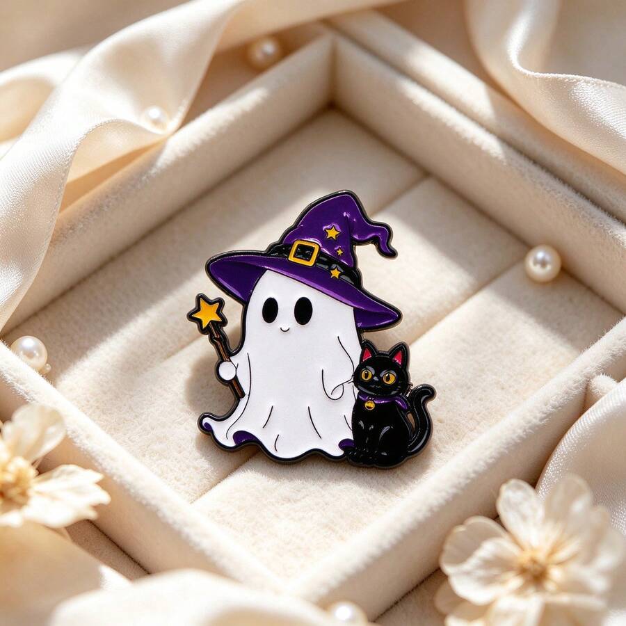 Kawaii Glow In The Dark Ghost Witch Enamel Pin, Halloween Ghost Black Cat Brooch For Jacket Backpack Hat, Cute Halloween Jewelry Gift For Man Women - Multicolor - View 1
