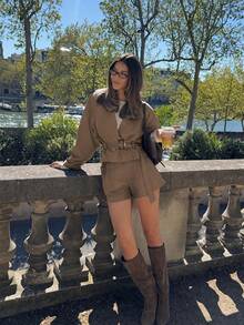 Women's Elegant Tie-Front Jacket And Shorts 2-Piece Set Casual Autumn Winter Spring Outfit - Brown - View 5