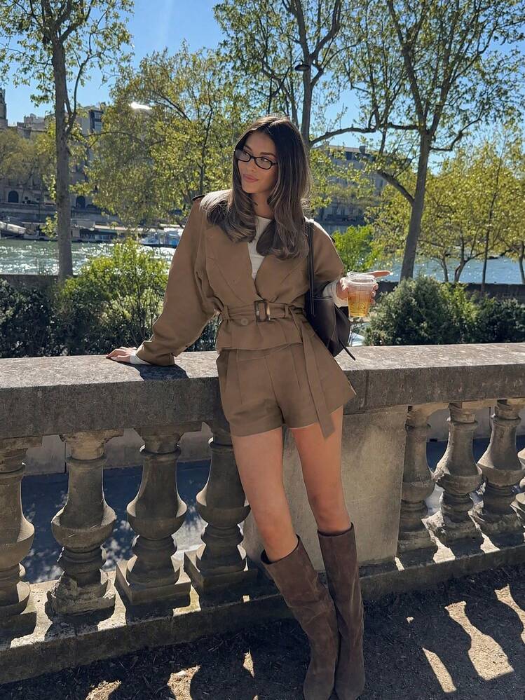 Women's Elegant Tie-Front Jacket And Shorts 2-Piece Set Casual Autumn Winter Spring Outfit - Brown - View 5