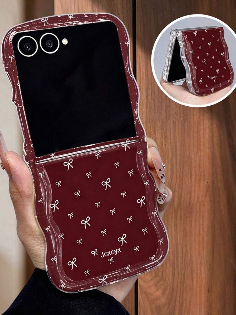New Full-Screen Small Bow Pattern Burgundy Phone Case, Compatible With Samsung Galaxy Z Flip8 ZFlip 7 Z Flip6 ZFlip 5, Soft Creative Anti-Drop Wavy Protective Shell - Burgundy - View 1