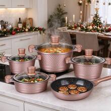 11PCS Rose Gold Diamond Embossed Die-Cast Aluminum Non-Stick Cookware Set With Glass Lids, Induction Compatible Kitchen Cooking Pots And Pans Gift Set - View 1