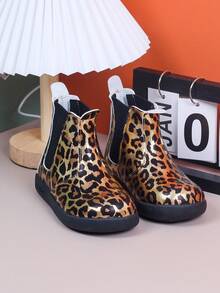 Children's Leopard Print Chelsea Boots, Side Elastic Band Slip-On Ankle Boots, Suitable For Girls' Autumn/Winter Wear - Gold - View 1