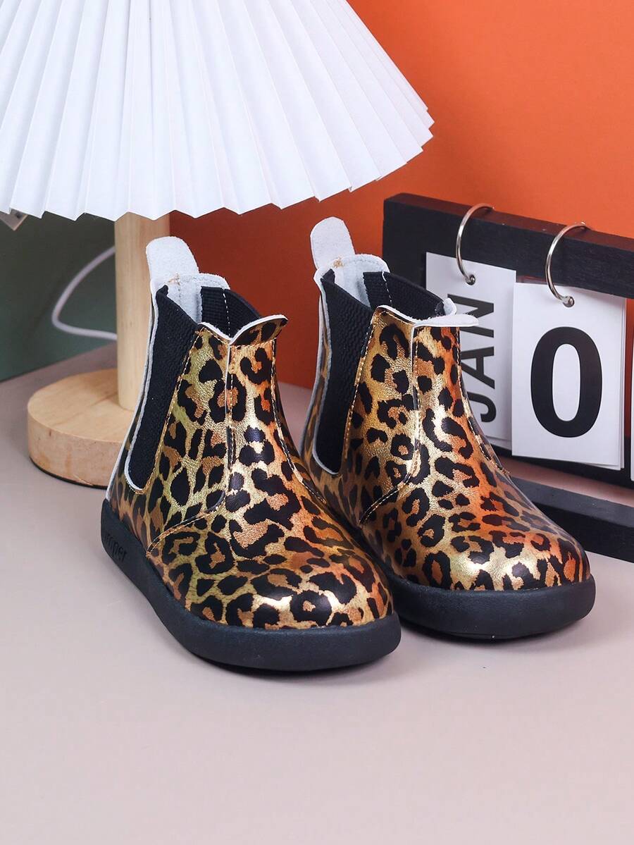 Children's Leopard Print Chelsea Boots, Side Elastic Band Slip-On Ankle Boots, Suitable For Girls' Autumn/Winter Wear - Gold - View 1