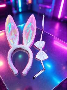 Bộ 2 món băng đô tai thỏ dài holographic kèm nơ satin trắng và scrunchie tóc lông thỏ bông trắng, phù hợp cho trang phục cosplay dễ thương, phụ kiện thiết yếu chủ đề Halloween - Nhiều màu - Xem 5