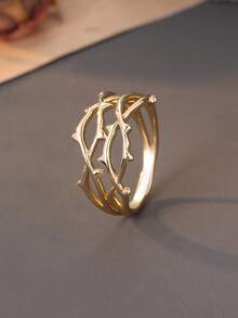 1pc Fashionable High-End Women's Dual-Tone Gold & Silver Embroidered Hollow Ring, Asymmetrical Striped Copper Statement Ring Jewelry, Suitable For Holiday And Daily Wear, Perfect Gift Choice - Rattan Ring - View 9