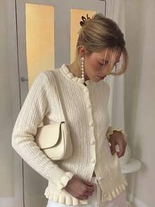 Cable Knit Button Front Sweater Cardigan, Ruffle Trim, Round Neck, Long Sleeves, Soft Warm Knit, Beige Fall/Winter Elegant Casual Layering Top - Apricot - View 3