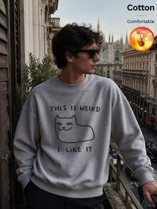 Autumn/Winter Men's Thermal Lined Crew Neck Sweatshirt "THIS IS WEIRD I LIKE IT" Cat Graphic Print Y2K Style - Heather Gray - View 6