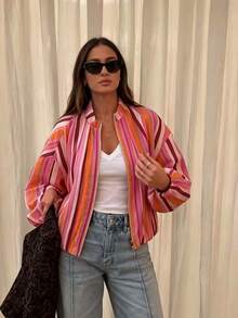 GMFP Women's Multi-Color Vertical Striped Stand Collar Short Zip-Up Jacket, Contrast Design Casual Vacation Style Top - Hot Pink - View 2
