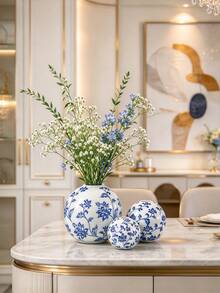 1PC Chinoiserie Blue & White Floral Sphere Ceramic Vase Set, Round Decorative Flower Vases For Living Room Entryway Balcony Home Decor - Blue and White Porcelain Round Vase - View 2