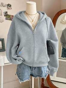1pc Tween Girls Outdoor Daily Commute Minimalist Arm Patch Comfortable Casual Loose Hooded Long Sleeve Open Front Sweatshirt - Light Grey - View 7