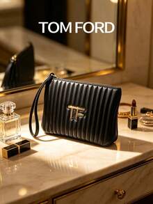 TOM FORD Quilted Cosmetic Pouch, Black Vertical Stitch Makeup Bag With Wrist Strap, Luxury Gold TF Logo Portable Zipper Toiletry Organizer For Beauty Essentials - Black - View 1