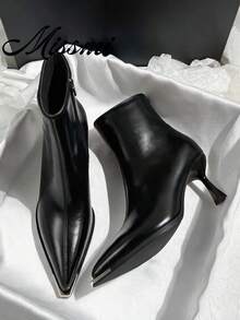 Women's Pointed Toe Ankle Boots 2025 Spring/Autumn New Thick Heel Elegant High-End Style Plus Size 40-43 High Heel Shoes - Black - View 1