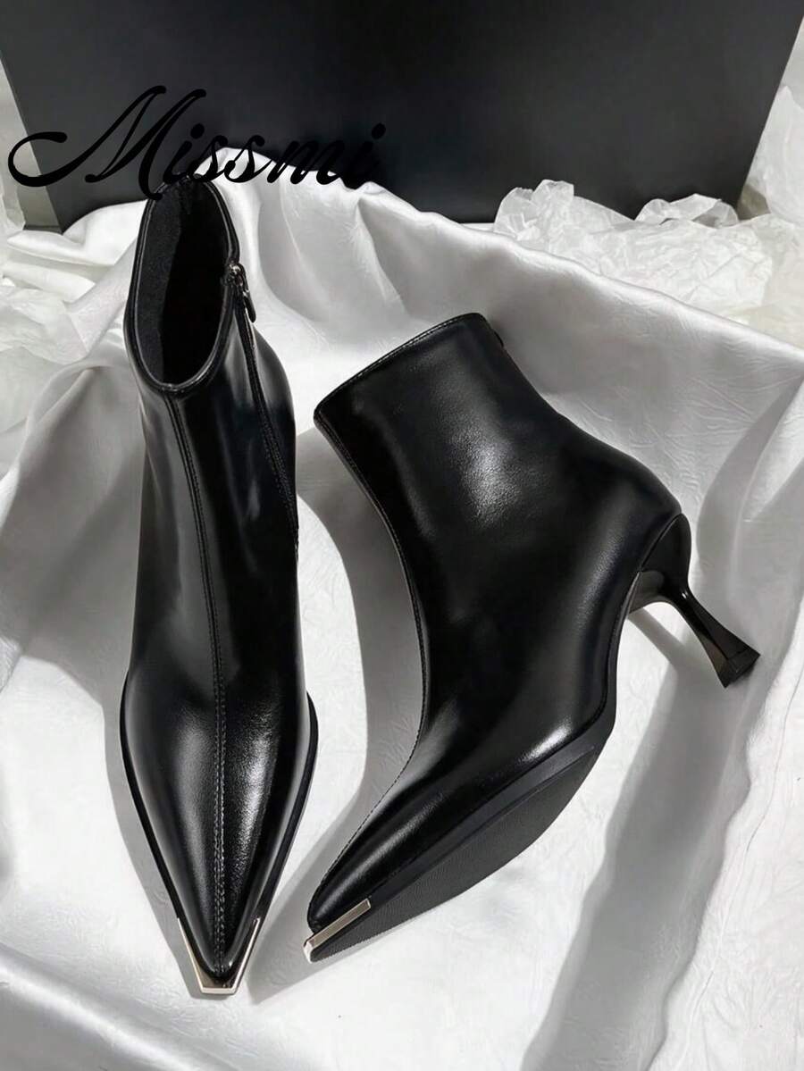 Women's Pointed Toe Ankle Boots 2025 Spring/Autumn New Thick Heel Elegant High-End Style Plus Size 40-43 High Heel Shoes - Black - View 1