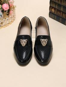1 Pair New Boys' Leopard Head Decor Oxford Shoes, Fashionable Versatile British Style Shiny Formal Shoes Suitable For All Seasons - Black - View 4