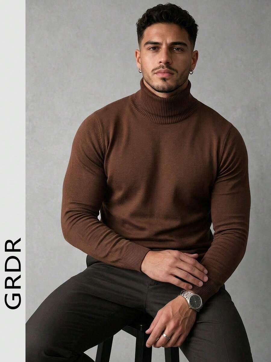 GRDR Men's Crew Neck Long Sleeve Sweater, Versatile Everyday Wear Knitted Pullover - Brown - View 1