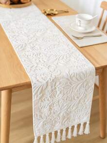 1 pieza Elegante camino de mesa de comedor de doble capa bordado, con flecos hechos a mano, bordado de un solo lado, multiusos para mesa de comedor, decoración de aparador - Base beige con bordado blanco - Ver 11