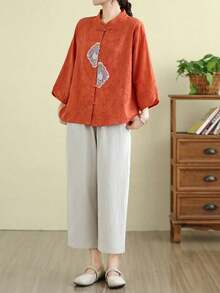 Women's Chinese Style Embroidered Frog Button Jacquard Linen Shirt, Stand Collar Rolled Sleeve 3/4 Sleeve Loose Fit Blouse - Orange - View 4