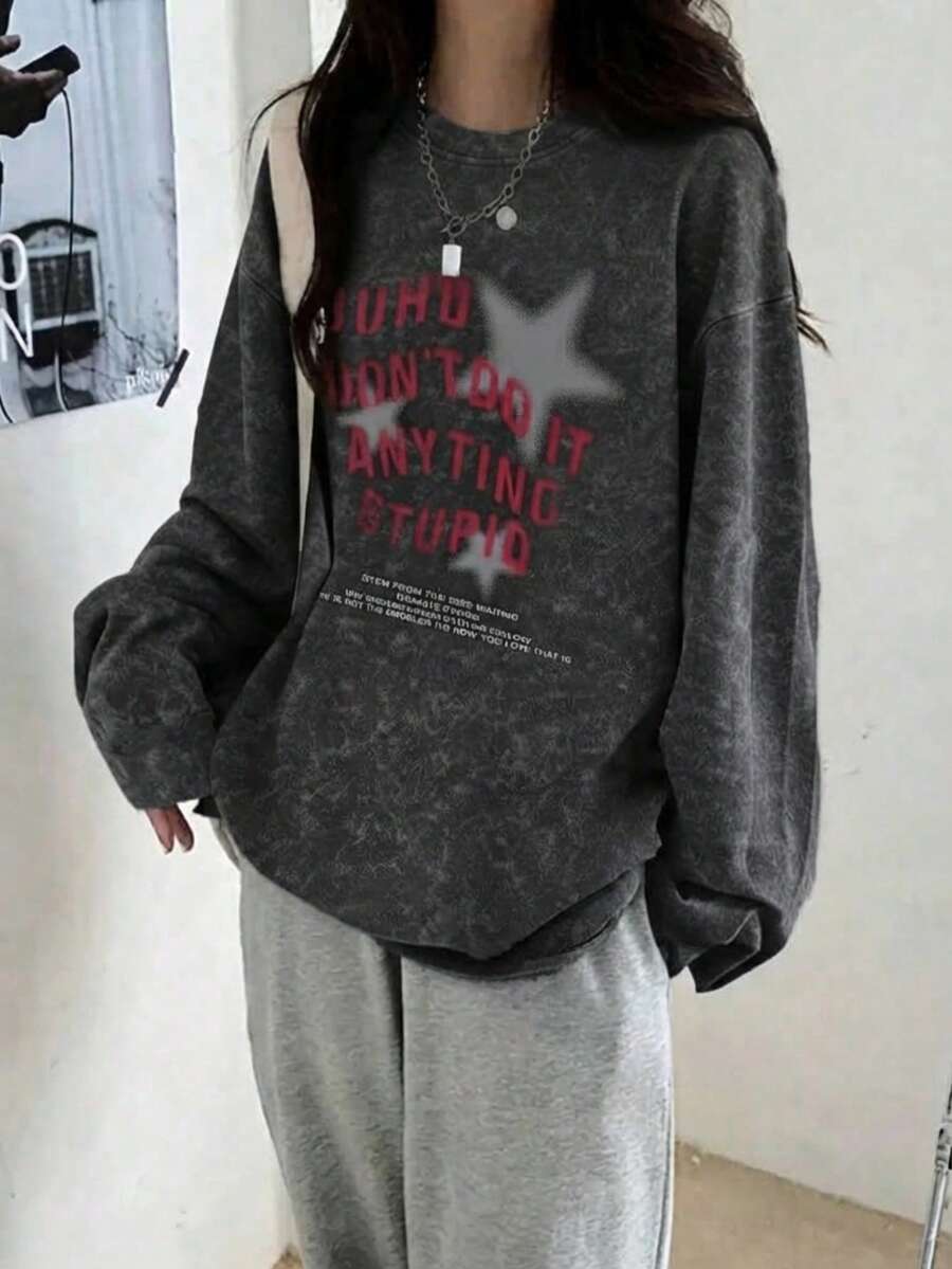 New Autumn/Winter Z Generation Y2K Style Women's Fun Print Round Neck Washed Distressed Long Sleeve T-Shirt Loose Casual Versatile - Black - View 1