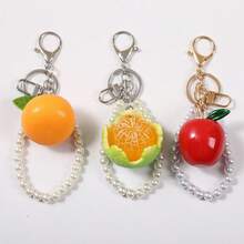 1pc Resin Apple Orange Keychain With Faux Pearl, Y2K Aesthetic Fruit Bag Charm For Purse Car Keys, Gift For Teens - Multicolor - View 8