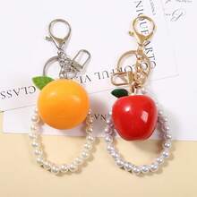 1pc Resin Apple Orange Keychain With Faux Pearl, Y2K Aesthetic Fruit Bag Charm For Purse Car Keys, Gift For Teens - Multicolor - View 6