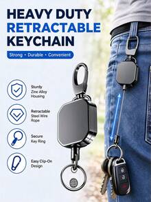 1 cái móc khóa rút bằng hợp kim kẽm bền bỉ kèm cuộn thẻ, dây cáp thép 27.6 inch, vòng chìa khóa có thể giặt, không mạ không bện - 2 cái móc khóa rút khóa màu đen - Nhiều màu - Xem 1