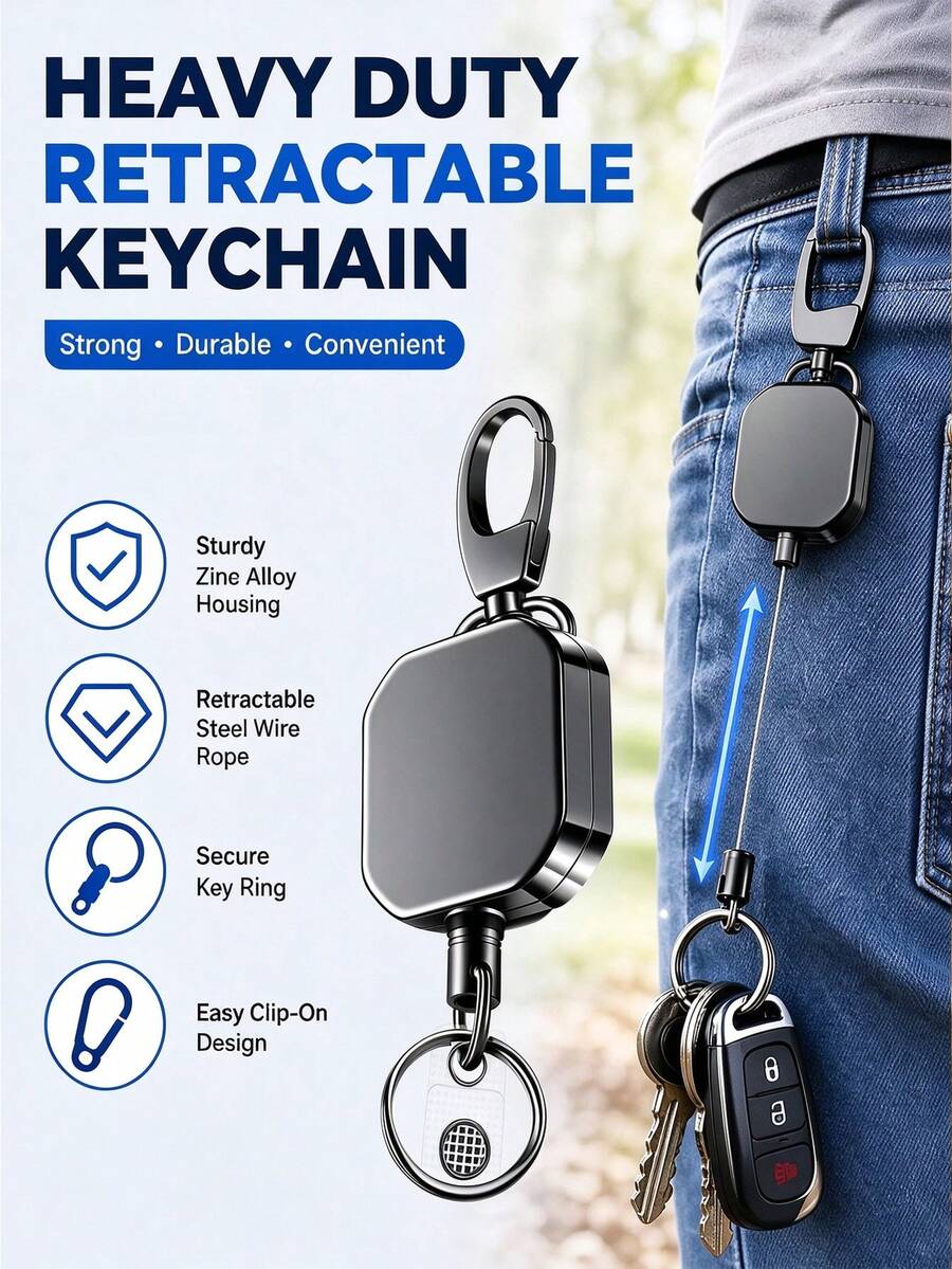 1 cái móc khóa rút bằng hợp kim kẽm bền bỉ kèm cuộn thẻ, dây cáp thép 27.6 inch, vòng chìa khóa có thể giặt, không mạ không bện - 2 cái móc khóa rút khóa màu đen - Nhiều màu - Xem 1