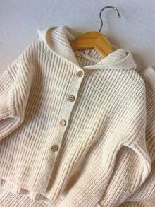 Girls' 2pcs Vertical Striped Knit Set, Hooded Front Button-Up Cardigan Top + Wide Leg Pants, Soft Comfortable Beige Solid Color Casual Outfit, Suitable For Autumn/Winter Daily Home And Outdoor Wear - Apricot - View 4