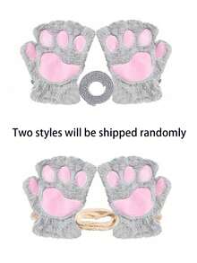 Cute Plush Cat Paw Winter Warm Half Finger Gloves For Girls, Adorable Halter Korean Cartoon Thick Plush Children Hand Gloves - Multicolor - View 8