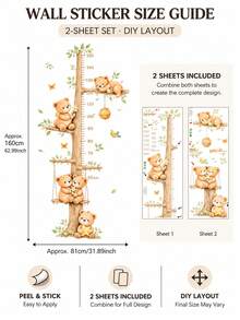 2pcs Large Bohemian Style Teddy Bear Height Ruler Stickers, Removable Self-Adhesive Growth Chart, Suitable For Neutral Nursery, Kids Bedroom And Playroom Decor - Bear Height Chart - View 7