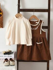 bearleader 2pcs/Set Girls Winter Clothing, Solid Color Long Sleeve Basic Top And Floral Embroidered Tank Dress, Vintage Casual Style - Coffee - View 3