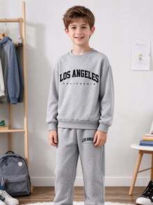 Tween Boys Letter Print Warm Crew Neck Sweatshirt And Sports Pants Set - Grey - View 1