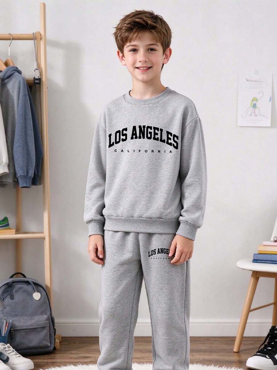 Tween Boys Letter Print Warm Crew Neck Sweatshirt And Sports Pants Set - Grey - View 1