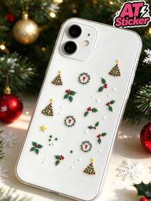 1pc Christmas Wreath Decorative Sticker, Transparent Background PET Waterproof Sticker, Christmas Tree Holly Leaf Wreath Five-Pointed Star Merry Christmas Pattern Sticker, Holiday Atmosphere Decoration Sticker, Self-Adhesive Removable No Residue, DIY Decoration Material, Suitable For Phone Case, Earphone Case, Glass Cup, Water Cup, Gift Box Packaging, Home Decor Surface Holiday Decoration - one-size - View 2