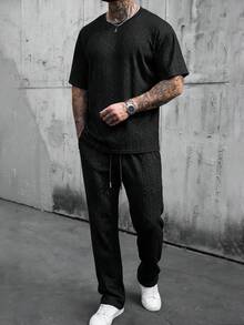 New Black 3D Herringbone Wheat Jacquard Round Neck Short Sleeve T-Shirt & Drawstring Straight Leg Pants Men's Minimalist Relaxed Casual 2-Piece Set - Black - View 1