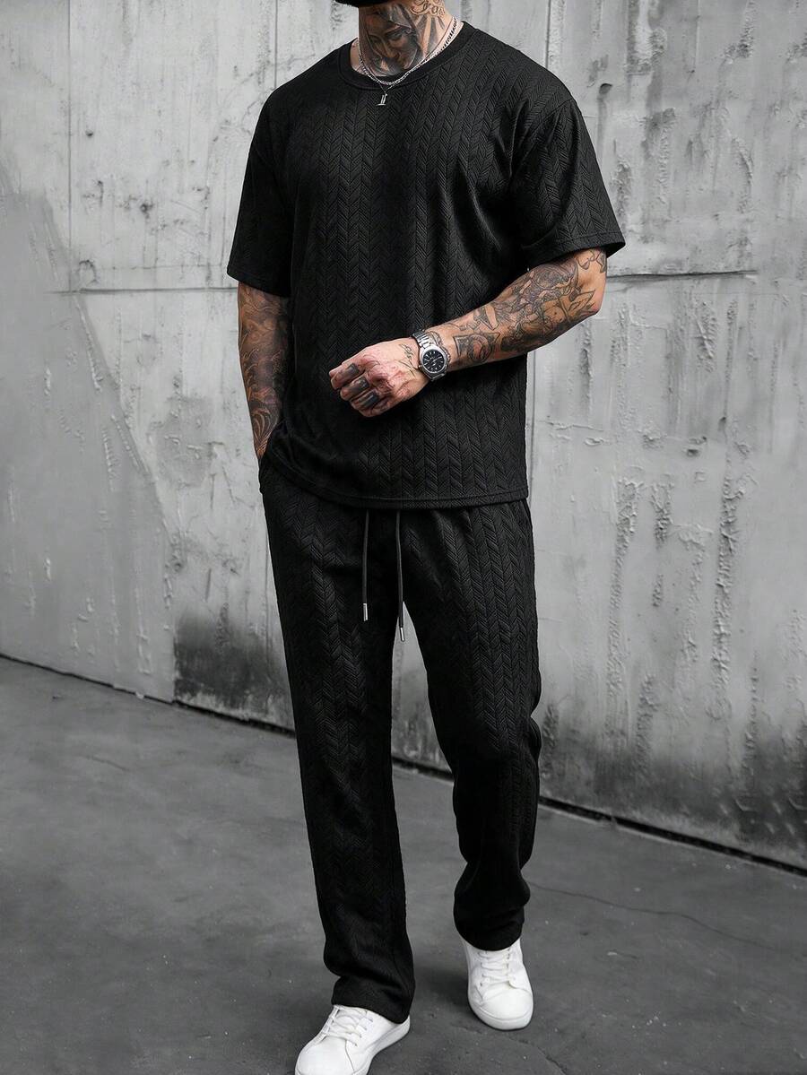 New Black 3D Herringbone Wheat Jacquard Round Neck Short Sleeve T-Shirt & Drawstring Straight Leg Pants Men's Minimalist Relaxed Casual 2-Piece Set - Black - View 1