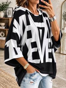 Plus Size Women's Fashion Letter Print Colorblock Hooded Sweatshirt, 3/4 Drop Shoulder Sleeve, Versatile For Autumn/Winter - Black - View 3
