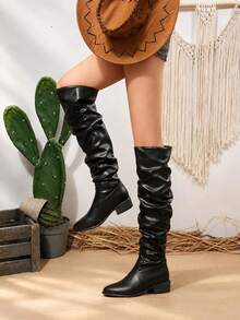 Women's Pointed Toe Chunky Heel Knee-High Boots, Ruched Slouchy Western Fashion Tall Boots - Black - View 8