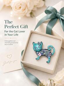 Vintage Floral Cat Brooch With Sparkling Rhinestones - Whimsical Feline Pin For Coat/Bag Decoration & Cat Lover Gifts - Cat (0462) - View 7