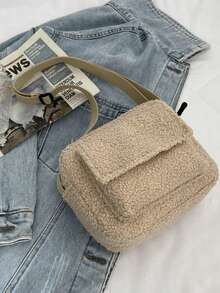 Black Teddy Fleece Mini Crossbody Bag, Simple Versatile Fuzzy Square Bag, Autumn/Winter New Style, Multi-Pocket Lightweight Shoulder Bag, Daily Travel Carry-On Small Bag - Multicolor - View 7