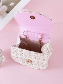 1pc Mini Flower Decor Plaid PU Material Chain Strap Flap Closure Small Bag Cute Beaded Girls Handbag One Shoulder Crossbody Bag Girls Children Bag Handheld Coin Purse Suitable For Holiday And Daily Use - Pink - View 3