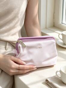 La Mer LAMER Light Pink Trapezoid Cosmetic Pouch, Zipper Makeup Storage Bag, Portable Travel Toiletry Organizer Gift Bag - Baby Pink - View 8