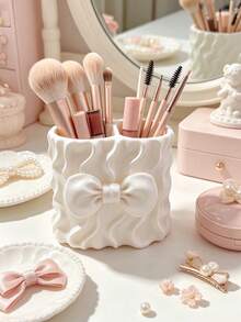 3D Printed Wavy Bow Makeup Brush Holder, 3D Wavy Texture With Full Bow Design, Dual Compartment Design, Can Separately Store Makeup Brushes And Lip Gloss, Sweet Pink Decor For Vanity - Multicolor - View 6